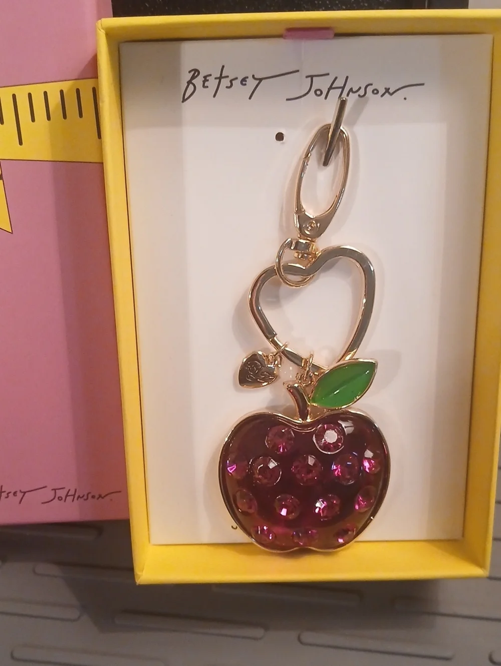 Betsey Johnson Red Rhinestone Apple Keychain Heart Charm New in Box